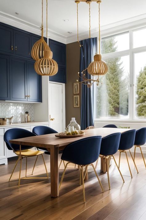 Experiment with this precise design and furniture in your own area using AI HomeDesign with just one click!Blue, Yellow, Scandinavian, Dining, Table, Chairs, Wooden, Lighting, Gold, Black, Purple, Silver, Contrejour, Houzz, Design#DiningRoom #ScandinavianStyle #BlueTheme #YellowAccents #InteriorDesign #ColorScheme #ContrejourLighting #Houzz #AIHomeDesign Mustard Dining Room, Blue Kitchen Tables, Copper Dining Room, Classy Dining Room, Warm Dining Room, Wooden Lighting, Yellow Dining Room, Dining Room Decor Ideas, Scandinavian Dining Table