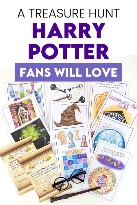 Cast your own magical spell with a Harry Potter inspired puzzle hunt! Grab the ready-made treasure hunt puzzles and make setting up some fun wizard-themed party activity a breeze. Tweens, teens and adults will love this magical game. #HarryPotterParty Wizard Scavenger Hunt, Harry Potter Math Activities, Free Dobby Sock Toss Game, Harry Potter Puzzles And Spells, Harry Potter Games For Adults, Treasure Hunt Puzzles, Harry Potter Treasure Hunt, Flying Keys Harry Potter, Harry Potter Scavenger Hunt