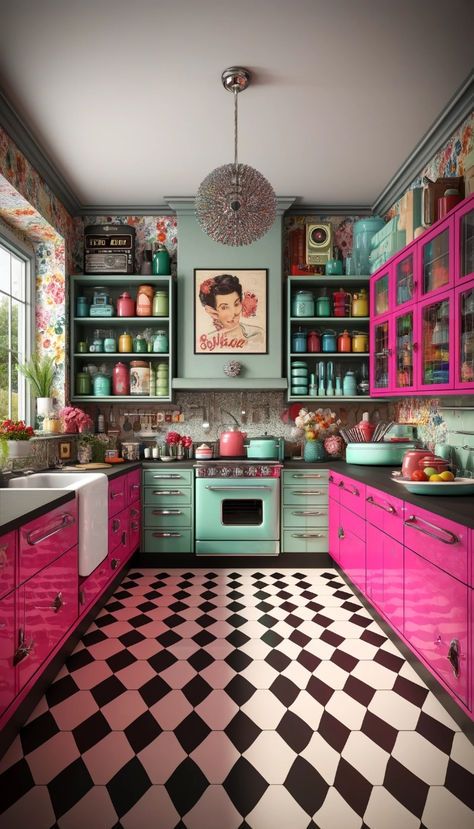 Cute Kitchen Wallpaper, Retro Apartment Decor Eclectic, Pink Cabinets Kitchen, Vintage Kitchen Aesthetic, Vintage Boho Kitchen, Cute Kitchen Themes, Bohemian Kitchens, Boho Maximalism, Retro Kitchen Ideas