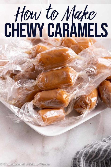 Irresistibly creamy this chewy caramel recipe is the perfect homemade gift, everyone loves caramels! Easily made and wrapped ahead of time this candy recipe is the perfect treat for anyone in your life! Step-by-step photos help you make this delicious recipe! #caramel #chewycaramel #christmas #ediblegift Chewy Caramels Recipe, Caramel Recipe Easy, Simple Sugar Syrup, Salted Caramels, Sugar Sticks, Soft Caramel, Caramel Recipes, Candy Recipes, E Bay