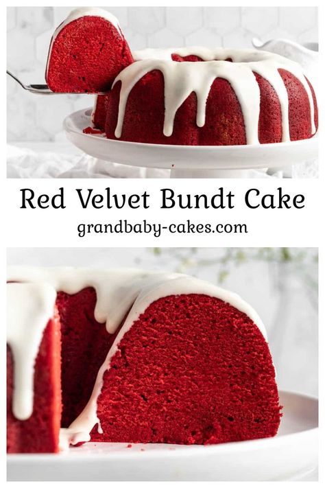 Strikingly red and delicious, this red velvet bundt cake is a festive, moist and tender cake with a slightly chocolatey flavor that’s topped with a tangy cream cheese icing. You’ll enjoy this cake with a cold glass of milk, or a hot cup of coffee. Cake Recipe Red Velvet, Red Velvet Bundt, Red Velvet Bundt Cake, Cake Magic, Red Velvet Desserts, Pan Cake, Gourmet Cakes, Best Christmas Recipes, Moist Cake