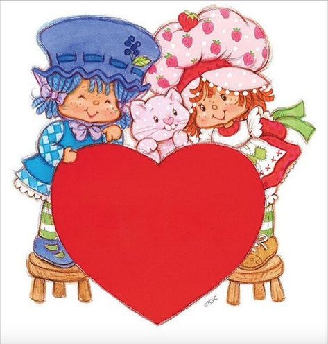 Strawberry Shortcake and Blueberry Muffin with the kitty cat, Custard by their side by the large red heart for Valentine's Day in greeting card design Strawberry Shortcake Cartoon, Strawberry Shortcake Characters, Strawberry Shortcake Doll, Vintage Strawberry Shortcake, Blueberry Muffin, Whatsapp Wallpaper, Rainbow Brite, 80s Toys, Holly Hobbie