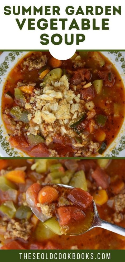 Summer Vegetable Stew, Garden Soup Vegetable, Vegetable Pork Soup, Summer Vegetable Soup, Fresh Vegetable Soup Recipe, Sausage Vegetable Soup, Garden Vegetable Soup, Slow Cooker Chili Recipe, Soup With Ground Beef