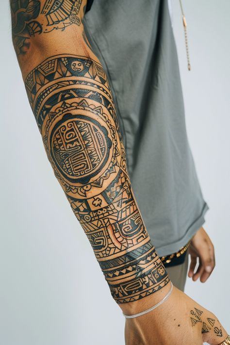 Ancient Symbols Tattoo, Calves Tattoo, A Sleeve Tattoo, Taurus Bull Tattoos, Aztec Tattoos Sleeve, Band Tattoos For Men, Mayan Tattoos, Aztec Tattoos, Cuff Tattoo