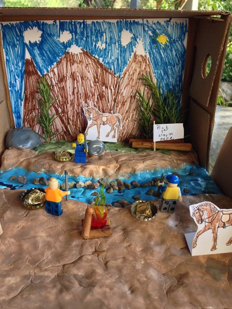 Jake's 4th Grade Diorama depicting the California Gold Rush. Gold Rush Projects, Gold Field, Mission Projects, California Gold Rush, California History, California Gold, Fun Arts And Crafts, Homeschool History, Gold Mine