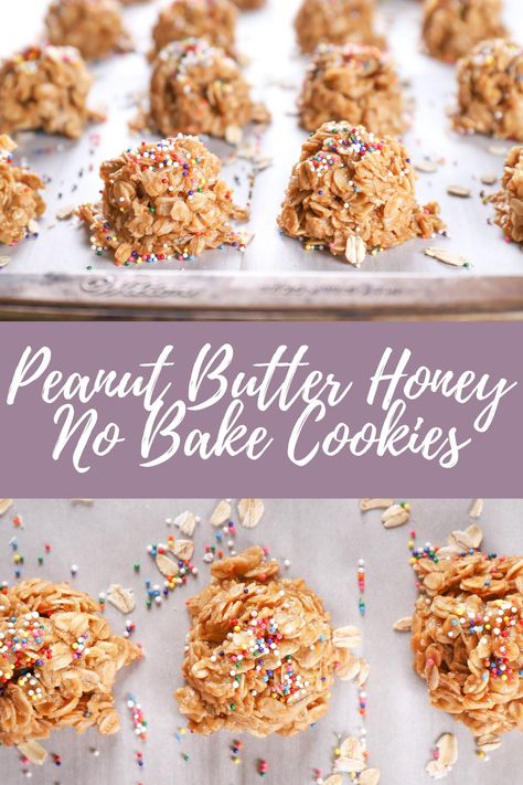 These Peanut Butter Honey No Bake Cookies are made lighter with no butter or white sugar! #nobakecookies #peanutbutter #honey Peanut Butter Honey Oatmeal, Peanut Butter Honey Cookies, Honey Oatmeal Cookies, Dessert List, Quick And Easy Food, Recipe Using Honey, Oatmeal No Bake Cookies, Sugar Free Breakfast, Sugar Free Peanut Butter