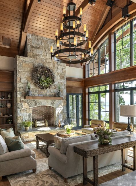 Lake House Oasis on Lake Winnipesaukee, New Hampshire Elegant Lake House Decor, Lake Houses Interiors, Lake House Vibes, Lake House Fireplace, Cabin Interiors Living Room, Tennessee Houses, River House Decorating Ideas, Lakehouse Interiors, Lake Cabin Interiors