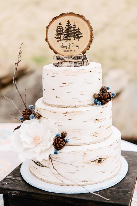 Rustic Wedding Topper, Rustic Wedding Cake Topper, Country Wedding Cakes Rustic Simple, Rustic Blue Wedding Cake, Christmas Wedding Cake Topper, Country Wedding Cake Ideas, Woodsy Wedding Decorations, Simple Rustic Wedding Cake, Woodsy Wedding Cake