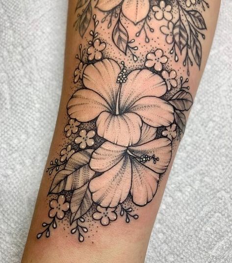 Mandala Hibiscus Tattoo, Womens Back Of Calf Tattoo, Shaded Hibiscus Tattoo, Hibiscus Half Sleeve Tattoo, Beach Flower Tattoo Ideas, Hibiscus Neck Tattoo, Hibiscus And Monstera Tattoo, Beach Floral Tattoo, Hawaii State Flower Tattoo