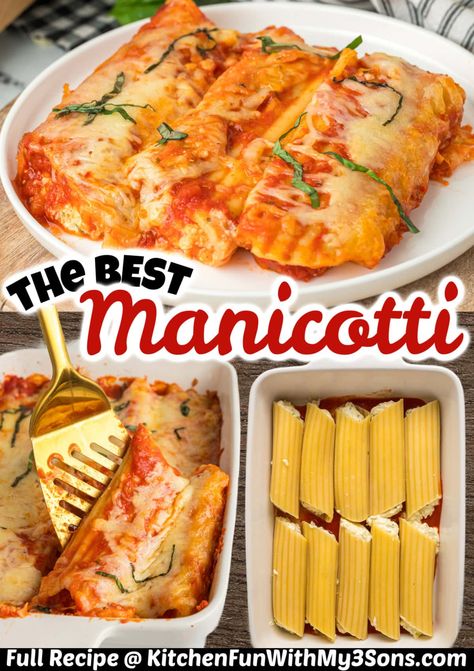 This cheesy Manicotti Recipe is the ultimate comfort food. The manicotti are baked to perfection with a savory cheese filling that pairs wonderfully with your favorite marinara sauce. Low Calorie Manicotti, Penne Vodka Stuffed Manicotti, Easy Baked Manicotti, 3 Cheese Manicotti Recipe, Crab Manicotti Recipe, Manicotti Recipe Beef, Recipes With Marinara Sauce, Manicotti With String Cheese, Stuffed Manicotti Shells