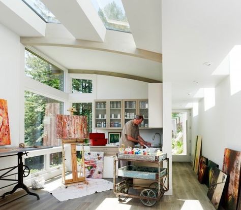 A small kitchenette in the craft studio with a large sink for washing brushes and such. pic from feldman arch studio Artist Home Studio, Home Studio Design, Art Studio Design, Contemporary Home Office, Art Studio At Home, Creative Workspace, Artistic Home, Studio Room, Artist House