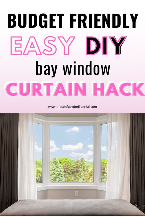 Easy DIY Budget Friendly Bay Window Curtain Hanging Hack, how to make a bay window curtain rod for $10, bay window curtain idea to solve curved rod problem, ideas for the home, home decor hacks, simple way to affordably cover bay window with custom drapes How To Hang Curtains On Bay Windows, Bay Window Rods Diy, Curtains For Bay Window With Bench, Curtains Bay Window Kitchen, Bay Window Painting Ideas, Window Covering Ideas For Bay Windows, Bay Window Seat Curtain Ideas, Window Covering Bay Window, Sheer Curtains Bay Window