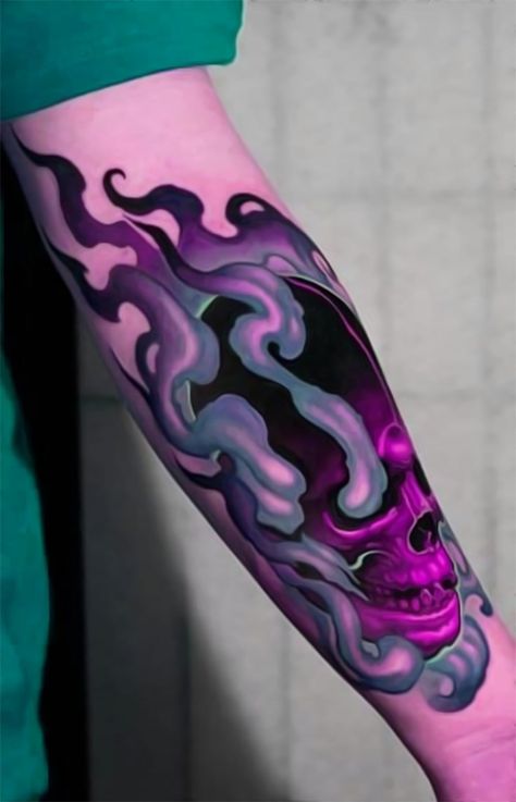 Purple Flame Tattoo, Colorful Goth Tattoo, Tattoo Color Scheme, Oil Slick Tattoo, Neon Tattoo Ideas, New School Tattoo Designs Sketches, Blue Flame Tattoo, New School Tattoo Designs, Glitch Tattoo