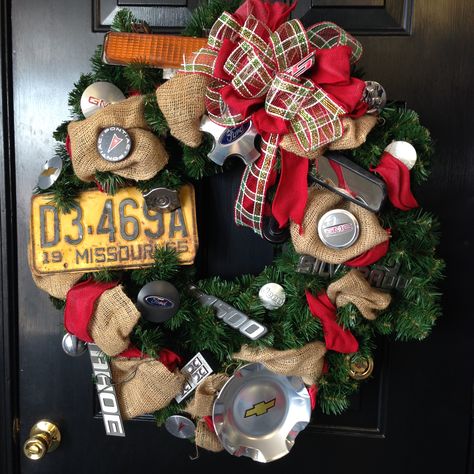 Car Part Christmas Wreath Car Dealership Christmas Decor, Wreath Competition, Nightmare Before Christmas Trunk, Christmas Trunk Or Treat Ideas, Trunk And Treat, Christmas Trunk Or Treat, Car Wreath, Chrome Christmas, School Wreaths