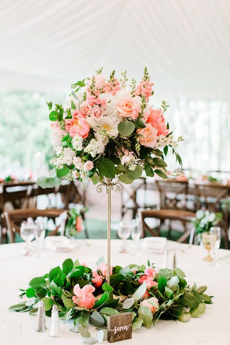 Repurposed Nightstand, Wedding Centerpieces Romantic, Peach Wedding Centerpieces, Tall Flower Centerpieces, Pavilion Wedding Reception, Becoming An Event Planner, Whimsical Wedding Inspiration, Tall Centerpiece, Color Melon