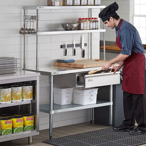 Kitchen Prep Station, Deep Cleaning Services, Stainless Steel Counters, Double Deck, Restaurant Equipment, Industrial Kitchen, Stainless Steel Legs, Pot Rack, Restaurant Kitchen