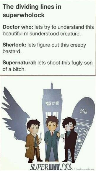 SuperWhoLock Film Memes, The Maxx, Fandoms Unite, Fandom Crossover, Supernatural Fandom, Timey Wimey Stuff, Johnlock, Sherlock Bbc, Geek Out