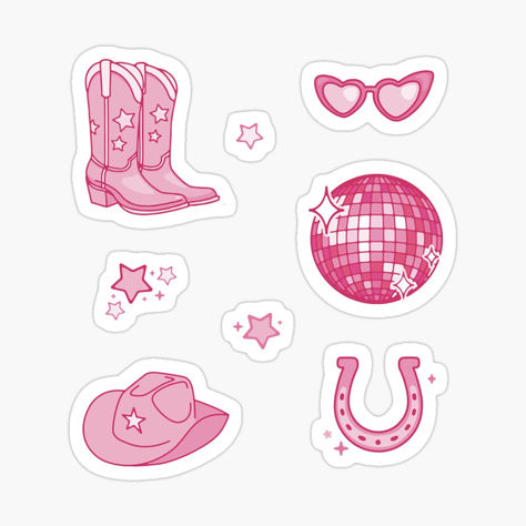 Disco Cowgirl Sticker pack and repeating pattern! This design features a cowboy hat, disco ball, heart shaped sunglasses, and cowboy boots! Cute pink stickers, perfect valentines day gift idea! Pink Cowboy Hat Clipart, Cowgirl Stickers Aesthetic, Cowgirl Boots Sticker, Cowboy Stickers Aesthetic, Aesthetic Stickers Redbubble, Cowboy Boots Sticker, Cowboy Boot Sticker, Simple Sticker Ideas, Homemade Sticker Ideas