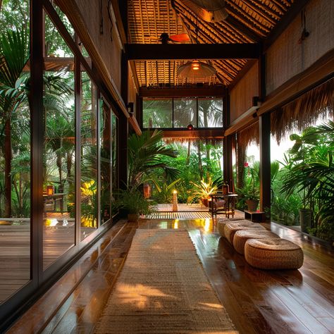 Structures that provide shade and a focal point for outdoor living spaces. Jungle House Bedroom, Rainforest House Aesthetic, Jungle House Architecture, Jungle House Aesthetic, Jungle House Design, Modern Jungle House, Beach Villa Design, Rainforest House, Jungle Retreat