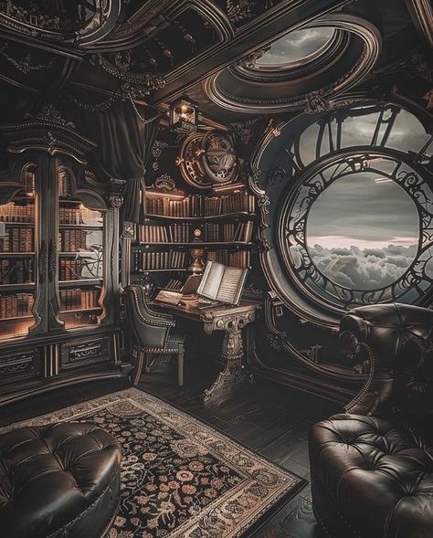 Steampunk Spaceship Interior, Steampunk Room Design, Airship Interior, Magical Writing, Steampunk Library, Steampunk Building, Cyberpunk House, Steampunk Rooms, Steampunk Interior