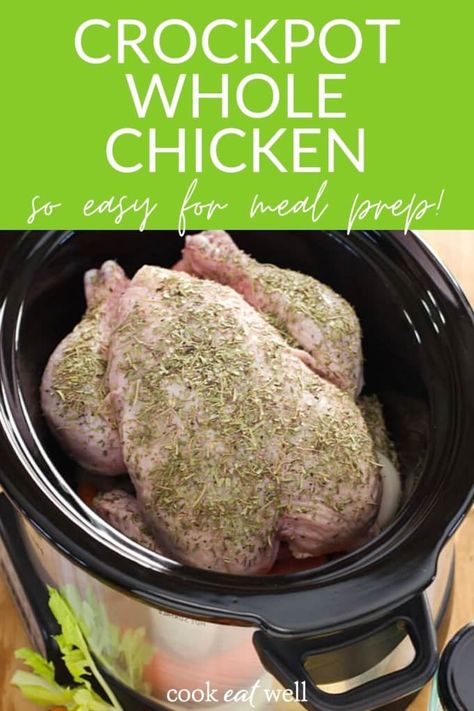 Crockpot whole chicken is an easy, healthy slow cooker chicken recipe. And a great way to meal prep for paleo, keto and Whole30 lunches and dinners throughout the week. via @cookeatpaleo Whole Chicken Recipes Crockpot, Whole Chicken Crockpot, Whole Chicken In The Crockpot, Roast Chicken Crock Pot, Crockpot Whole Chicken Recipes, Crockpot Whole Chicken, Chicken In The Crockpot, Paleo Crockpot Recipes, Cooking Whole Chicken