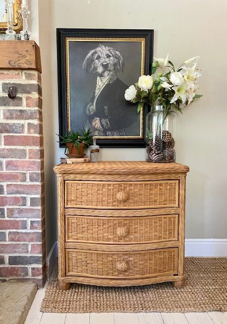 As We Begin To See A Return To Rustic Inspired Interiors And The Outdoors Move In This Is The Perfect Piece To Add To An Interior To Create A Warmth And Texture To Your Interior. This Is A Vintage Chest Of Drawers Is A Gorgeous Piece That Oozes Charm And A Natural Texture. It Would Be Perfect As Entryway Furniture, A Large Bedside Table, Chest Of Drawers, Entryway Furniture Offering Ample Storage. To See Our Full Range Of Vintage Furniture And Homewares Visit Our Etsy Shop #Pebbleandniss Wicker Chest Of Drawers, Large Bedside Table, Rattan Drawers, Furniture Entryway, Large Bedside Tables, Wicker Chest, Bamboo Mirror, Vintage Chest Of Drawers, Inspired Interiors