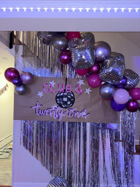 00s Theme Party Decorations, 2000s Disco Party, 21 Disco Party, Purple Disco Birthday Party, 21st Birthday Ideas Disco, Disco 21st Birthday Party, Y2k 21st Birthday Party, Y2k Birthday Party Theme Decoration, Y2k Decorations Party