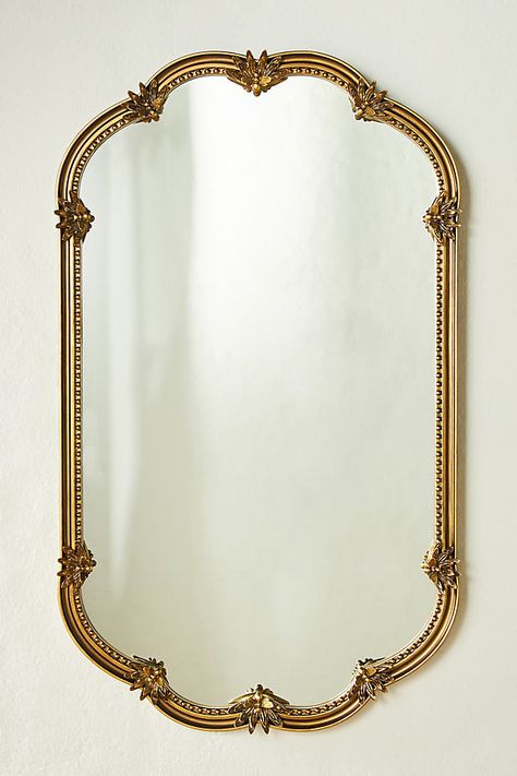 With its gracefully scalloped design and antique-inspired style, this mirror exudes timeless elegance. The intricate detailing on the frame and beautiful florals add a touch of romance to any wall. Aesthetic House Bedroom, Antique Mirror Bathroom, Gold Mirror Bathroom, French Country Mirrors, Powder Room Mirror, House Bedroom Ideas, Scalloped Mirror, Mirror Home Decor, Vanity Cabinets