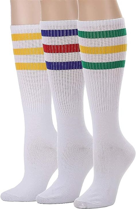 Leotruny 3 Pairs Over the Calf Tube Socks (C01-3pairs Multicoloured) at Amazon Women’s Clothing store Striped Tube Socks, Roller Skating Rink, Tennis Socks, Roller Rink, Over The Calf Socks, Skating Rink, Dr Wardrobe, Skate Wear, Socks For Women