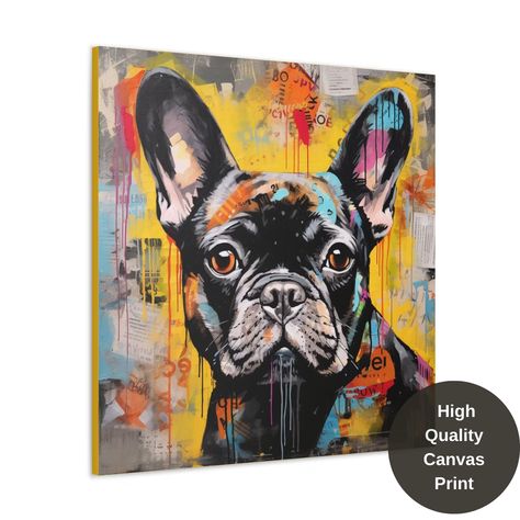 "Uplift any room's decor with art that's printed on top-quality canvas gallery wraps. Each wrap is made with finely textured, artist-grade cotton substrate which helps reproduce your image in outstanding clarity and detail. Available in multiple sizes, these closed back canvases are built with a patented, solid support face and are excellent for indoor use. Features: - Top-quality gallery-wrapped canvas for a museum-worthy look. - Finely textured, artist-grade cotton for stunning clarity and detail. - Available in multiple sizes to fit your space perfectly. - Vibrant, high-resolution printing that captures every detail of the artwork. - Made with 100% cotton fabric, the perfect medium for printing highly-detailed and vibrant artwork. - Each canvas features 0.0135 inch (13.5 mil) thick fabr Acrylic Animals, French Bulldog Decor, Graffiti Art Street, Frenchie Art, French Bulldog Painting, Bulldog Decor, Frenchie Bulldog, Bulldog Art, Christmas Coloring Books