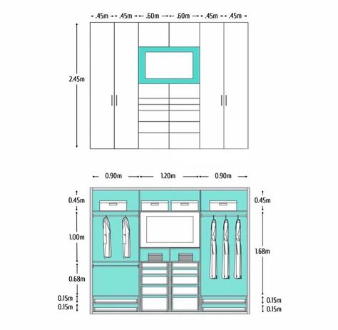 Bedroom Layout Design, Bedroom Wardrobe Design, Bathroom Dimensions, Walk In Closet Design, Interior D, Bedroom Wardrobe, Bedroom Layouts, Furniture Details, Wardrobe Design