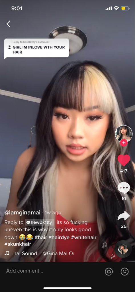 Bangs With Dyed Streaks, Front Bangs Dyed Blonde, Skunk Piece Hair, Skunk Dyed Hair With Bangs, Bangs With White Streak, Bleached Underlayer Hair, Black Hair White Streak Bangs, Bleach Color Block Hair, Blonde And Black Hair Bangs