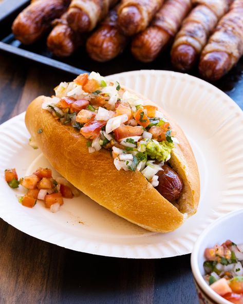 Sonoran Hot Dog Recipe, Sonoran Dogs, Sonoran Hot Dog, Bacon Hot Dogs, Hot Dog Recipe, Hotdog Sandwich, Bacon Wrapped Hotdogs, Grilling Hot Dogs, Hot Dog Recipes