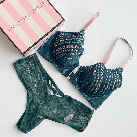 Vs Victorias Secret Green Lingerie Set In Size: Bra: 32d, Panties: Xs Luxe Lingerie Lined Plunge Bra With Removable Padding. Coming With A Lace Cheeky Panty. The Panty Has A Different Color Than The Bra. Brand New With Tags (Comes Without The Box) F Green Bra, Hot Pink Bra, Velvet Bra, Green Lingerie, Balconet Bra, Rhinestone Bra, Victoria Secret Pink Bras, Green Bras, Red Bra