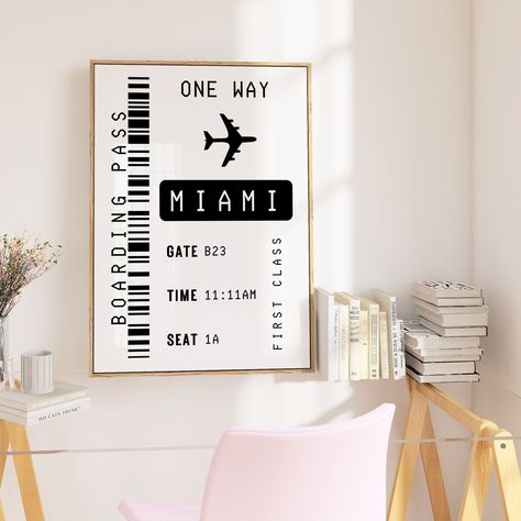 Miami Travel Print Poster Wall Art Boarding Pass Miami Florida Art Minimalist Art Heart Art Miami Print Miami FL Wall Art Print Tampa Wall Art, Miami Apartment Aesthetic, Miami Print, Room 2023, Miami Travel, Chicago Apartment, Florida Art, College Apartment Decor, Art Heart