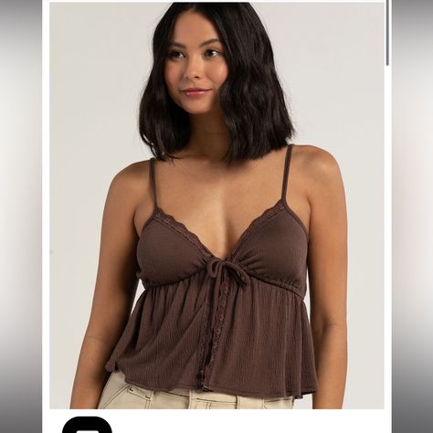 -Never Worn. -Tires In Front Tops For Small Chest, Cami Top Outfit, Brown Cami, Babydoll Tops, Babydoll Cami, 2023 Aesthetic, Pacsun Tops, Fall Clothes, Cute Fit