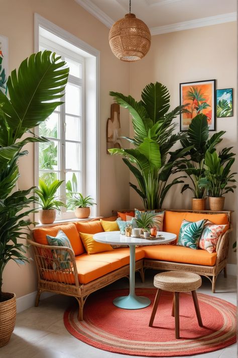 Bright and cozy tropical-themed living room with an orange sofa, lush green plants, a round table, and wall art. Tropical Style Interior Design, Tropical Decor Ideas, Wallpaper Nook, Modern Tropical Interior Design, Extra Bedroom Ideas, Modern Tropical Interior, Coffee Nooks, Latin Decor, Tropical Dining Room