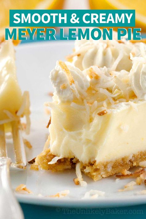 Meyer Lemon Pie - bright, melts-in-your-mouth, luxuriously creamy, so easy to make! You can also use regular lemons if Meyer lemons are not available. Perfect treat for spring, summer, Easter, Mother’s Day, everyday. #lemonpie #lemondessert #meyerlemonrecipe #meyerlemondessert Meyer Lemon Dessert, Easter Pie Recipes Desserts, Meyer Lemon Pie Recipe, Easter Pie Recipes, Myer Lemon Recipes, Meyer Lemon Pie, Lemon Pie Recipe Condensed Milk, Easy Lemon Pie, Meyer Lemon Recipes