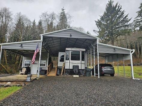 RvV carport Rv Carport With Storage, Rv Covered Parking Carport Designs, Rv Carport Ideas, Rv Covered Parking, Rv Barndominium, Stained Concrete Driveway, Camper Updates, Rv Deck, Rv Shelter