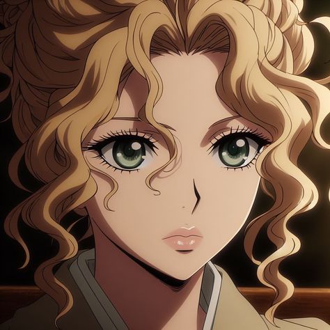 Curly Anime, Anime With Curly Hair, Blonde Curly Hair Pfp Cartoon, Blonde Anime Icon, Blonde Hair Anime, Blonde Curly Hair Cartoon, Blonde Anime Pfp, Blonde Anime Characters Female, Strawberry Blonde Anime