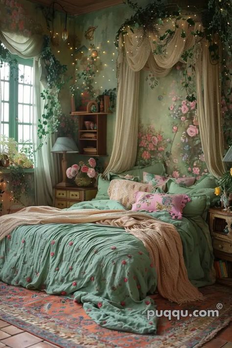 Whimsical Home Decor Ideas: Add Magic to Your Living Space - Puqqu Green Shabby Chic Bedroom, Light Green And Pink Bedroom, Ethereal Bedroom Aesthetic, Vintage Feminine Bedroom, Ethereal Bedroom, Shabby Chic Decor Ideas, House Themes, Coquette Bedroom, Room Mates