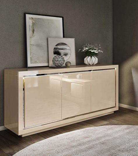 Sardinia 3 Door High Gloss Sideboard With LED Cream - 155cm - House of Isabella UK Modern White Sideboard, Gloss Sideboard, Stylish Sideboards, Dining Room Sideboard, Kitchen Sideboard, White Sideboard, Kitchen Storage Solutions, Close Doors, Modern Sideboard