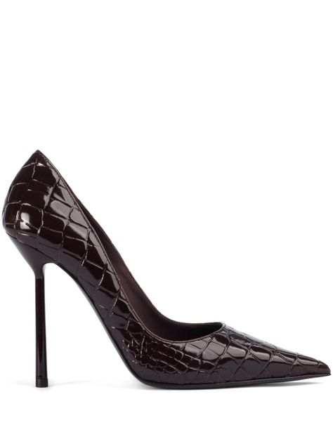 chocolate brown calf leather patent finish embossed crocodile effect pointed toe branded leather insole 120mm high stiletto heel slip-on style Le Silla Heels, Tati Westbrook, Fancy Flats, Shoes Heels Classy, Fab Shoes, Heels Classy, Super Nails, Heel Slippers, Dolce E Gabbana