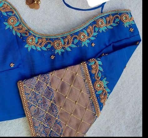 Sky Blue Aari Work Blouse Designs, Sky Blue Blouse Designs Silk, Silk Blouse Embroidery Designs, Sky Blue Blouse Designs, Blue Aari Work Blouse, Aari Blouse Design, Magam Works, Blouse Embroidery Designs, Latest Maggam Work Blouses