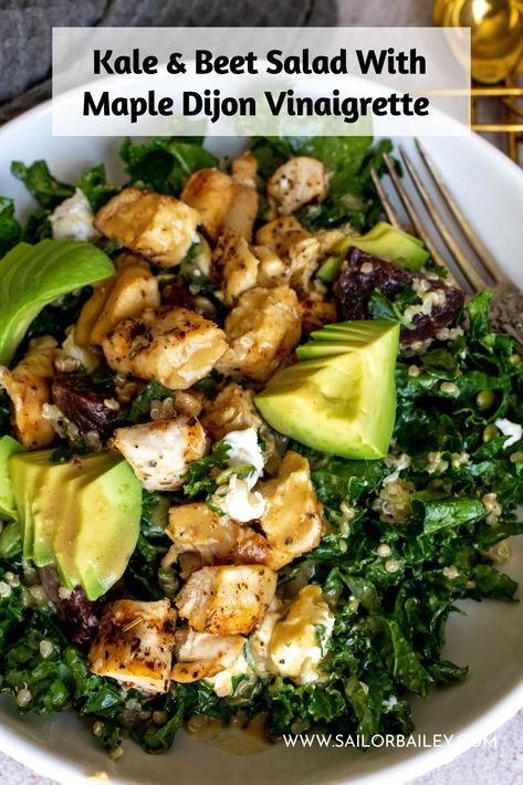 Kale Salad With Beets, Chicken Beet Salad, Roasted Beet And Kale Salad, Kale And Beet Salad Recipes, Kale Beet Salad, Meal Prep Kale Salad, Kale And Beet Salad, Cheese Quinoa, Kale Chicken Salad