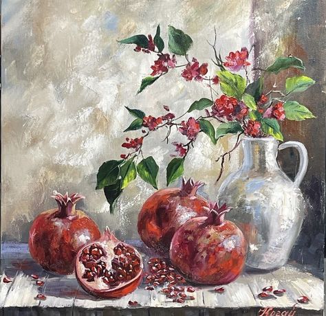 Pomegranate Art Paint, Pomegranate Oil Painting, Pomegranate Painting, Feng Shui Paintings, Most Beautiful Paintings, Pomegranate Art, Kalamkari Painting, Acrylic Painting Flowers, Canvas Painting Landscape