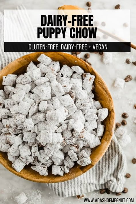 Peanut Butter Muddy Buddies, Puppy Chow Chex Mix Recipe, Chex Mix Puppy Chow, Chow Puppy, Dairy Free Treats, Dairy Free Desserts, Dairy Free Snacks, Dairy Free Chocolate Chips, Chex Mix Recipes