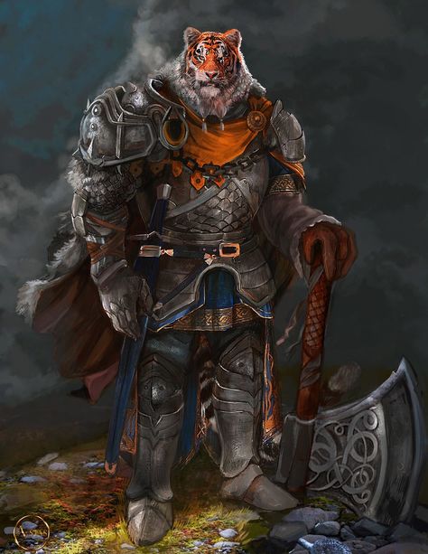 Knight-tiger, A Stas on ArtStation at https://www.artstation.com/artwork/9XY4q Dnd Tabaxi Fighter, Tabaxi Knight, Anthro Tiger, Tiger Knight, Heroic Fantasy, Fantasy Beasts, Alien Concept Art, Pahlawan Super, Fantasy Races