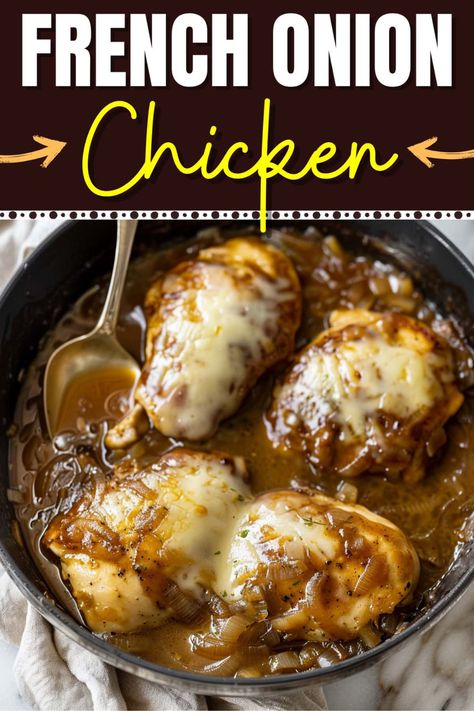 This tempting French onion chicken is the ultimate comfort food! It has all of the flavors of the classic soup in a convenient, one-skillet meal. Insanely Good Recipes, Onion Soup Chicken Recipes, Easy French Onion Chicken, Crackpot Chicken, Chicken Delight, Chicken French, Delicious Dips Recipes, French Onion Chicken, Chicken Skillet Recipes