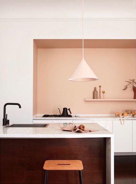 A Peach Kitchen on apartment 34 #homedesign #interiors Behr Marquee Paint, Kitchen Niche, Best Blue Paint Colors, Peach Kitchen, Kitchen Design Color, San Francisco Houses, Wood Parquet, Blue Paint Colors, Kitchen Paint Colors